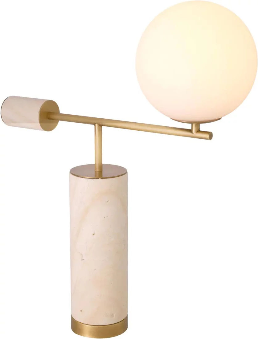 Лампа настільна , Antique brass finish, white glass, travertine base